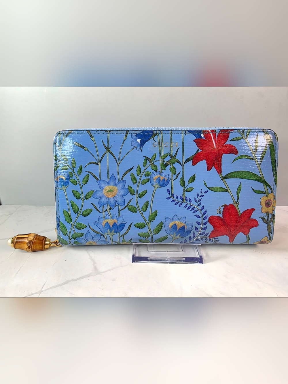 Gucci Blue Flora Zip Wallet with Bamboo Pull - Picture 2 of 11